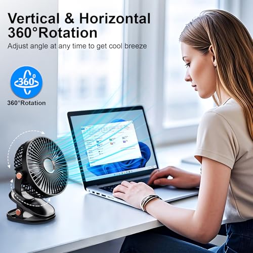 iNeibo 4000mAh Portable Clip on Fan with LED Lights, Battery Operated USB Desk Fan,4 Speed Quiet Rechargeable Mini Table Fan, 360° Rotate Personal Cooling Fan for Home Office Stroller Camping (Black) - color: Black