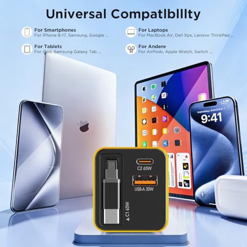 65W GaN USB C Charger with Retractable Charging Cable, 3-Port Power Adapter | Fast travel charger for MacBook, iPhone 17 16 15, Samsung Galaxy S25/S24, iPad, multi port compact wall charging block,Yellow - color: Yellow