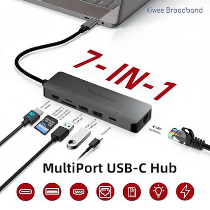Kiwee Broadband 7-in-1 USB-C Hub with 5Gbps Ethernet, 100W PD Charging, 4K HDMI, 2 USB-A 3.2 Ports, SD/MicroSD Card Reader, Universal Dock for MacBook, Windows Laptop, iPad, Chromebook (KB-USBC-5GH7)