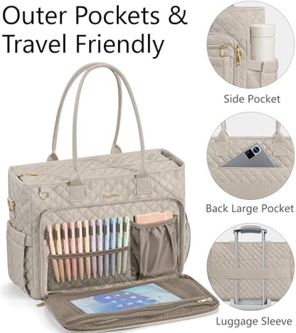 Bagstellar Teacher Tote Bag for Women, 15.6" Laptop Work Tote Computer Bag | Quilted Bible Nurse Bag with 40oz Cup Holder, Insulated Pocket & Strap, Large Laptop Briefcase for School Travel Office Gifts - color: Taupe