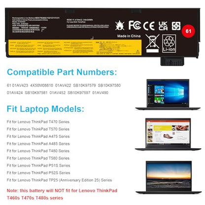 01AV423 Laptop Battery Replacement for 11.4V 24WH Lenovo ThinkPad T570 T580 T470 T480 A475 A485 P51S P52S TP25 01AV452 01AV422 01AV424 01AV490 4X50M08810 SB10K97579 SB10K97580 SB10K97581 SB10K97597 - size: 8.19x2.13x0.35inch 01AV423