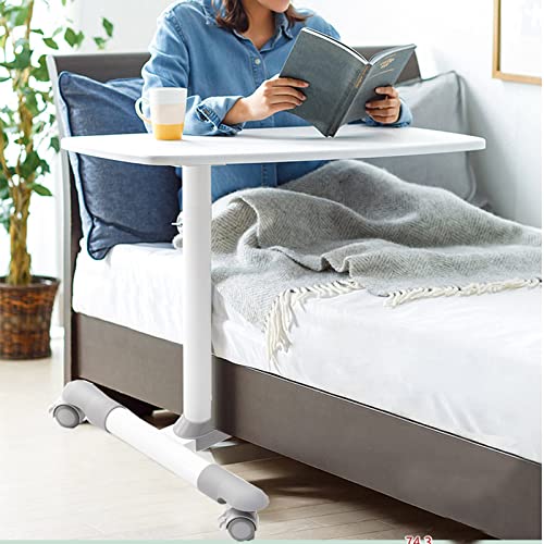 ETHU Overbed Table with Hydraulic Lift, 27.1-34.2 Inch Height Adjustable Bed Table with Lockable Casters - Wood Grain Tabletop with Cup Holder & Charging Slot, 22lbs Capacity Rolling Bedside Desk - color: Black