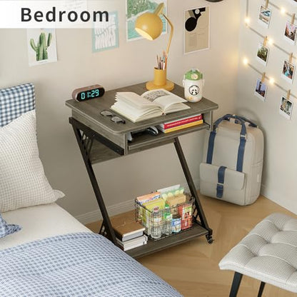 ALISENED Computer Desk for Small Spaces Compact Desk with Keyboard Tray | 23.6" Z-Shaped, with Wheels and Bottom Shelves, for Home Office, Computer Cart Mobile Laptop Cart, Grey - color: Grey