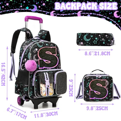HTgroce Cute Rolling Backpack with Wheel,School Backpack for Kids Girl Roller Schoolbag Wheeled Backpacks Set Carry-on Luggage,Black S - color: Black, style: S