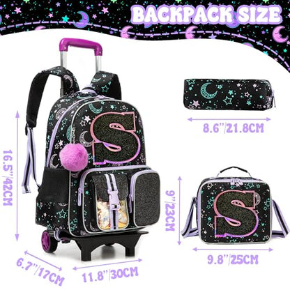 HTgroce Cute Rolling Backpack with Wheel,School Backpack for Kids Girl Roller Schoolbag Wheeled Backpacks Set Carry-on Luggage,Black S - color: Black, style: S
