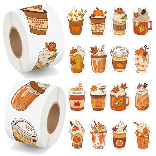 Haooryx Fall Coffee Sticker Roll - 1000p Autumn Pumpkin Spice Latte Coffee Cup Waterproof Vinyl Laptop Sticker Water Bottle Page Activity Pad Thanksgiving Birthday Party Scrapbook Greeting Card Making - style: Fall-Theme Pumpkin Coffee Cup 2Roll