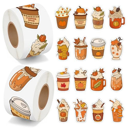 Haooryx Fall Coffee Sticker Roll - 1000p Autumn Pumpkin Spice Latte Coffee Cup Waterproof Vinyl Laptop Sticker Water Bottle Page Activity Pad Thanksgiving Birthday Party Scrapbook Greeting Card Making - style: Fall-Theme Pumpkin Coffee Cup 2Roll