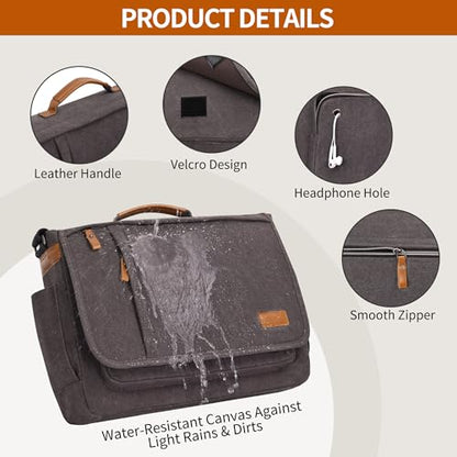 ESTARER Laptop Messenger Bag 17-17.3 Inch Water-resistant Canvas Shoulder Bag for Work College, Grey - color: 17-17.3" Velcro-grey