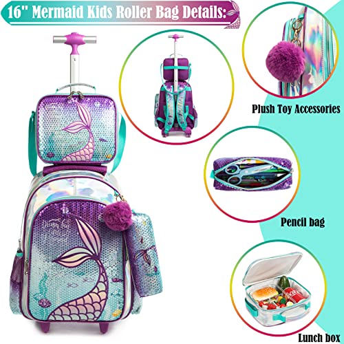 School Kids Rolling Backpack for Girls 3PCS With Trolley Wheeled Backpacks - color: Purple-220308-l