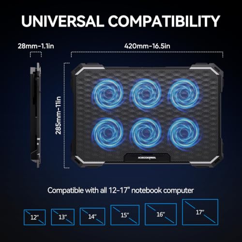 ICE COOREL Laptop Cooling Pad with 6 Cooling Fans, Cooling Pad for Laptop Fan 13-15.6 Inch, Laptop Cooler Stand with 6 Height Adjustable, Notebook Cooler Pad with Two USB Port - size: 6 Fans