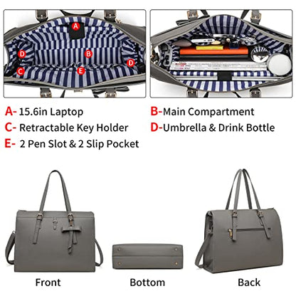 Keyli 4pc Sets Laptop Bag for Women Large Leather Laptop Briefcase with USB Charging Port Computer Shoulder tote Bags Purse - color: Gray