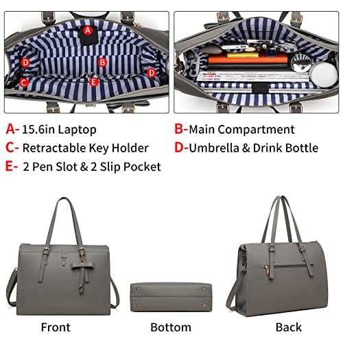 Keyli 4pc Sets Laptop Bag for Women Large Leather Laptop Briefcase with USB Charging Port Computer Shoulder tote Bags Purse - color: Gray