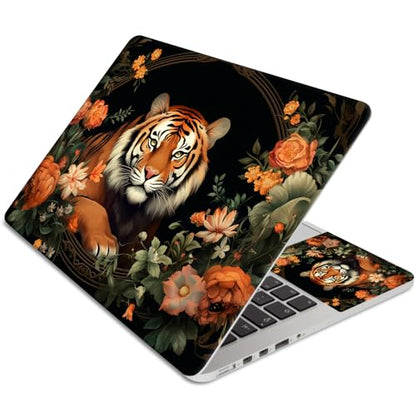 15.6 Inch Laptop Skin Sticker, Reusable Vinyl Cover Protector with 2 Wrist Pad Skins, Removable Waterproof Scratch-Resistant for 12-15.6 Inch Laptop Notebook,Tiger and Flowers - color: Tiger and Flowers