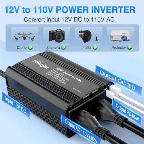 Nilight 300W Power Inverter 1 with PD 65W USB C & QC3.0 12V DC to 110V AC | Car Converter for Phones Tablets Laptop Computer Game Console Kindle iPad DVD Players Black - color: 300W USB+PD 110V Outlet*2