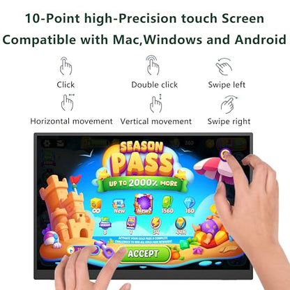 14" Touchscreen Portable Monitor, 16:10 1920×1200 IPS HDR Vertical Monitor, VESA Compatible USB-C Second Screen for Laptop Mac Pc Android (No Touch for iPhone/iPad/Consoles)