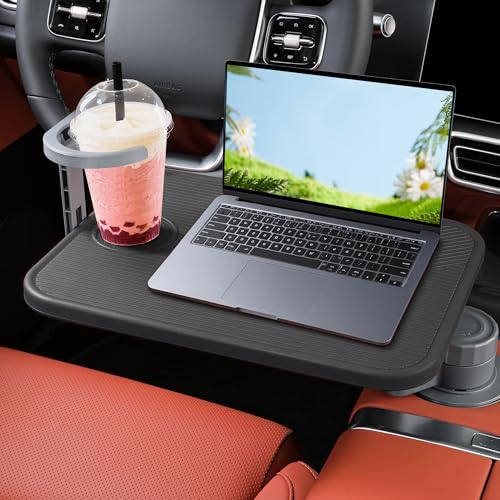 Car Tray Car Desk for Laptop 360° Rotating Wood Cup Holder Table | Aluminum Cantilever Laptop Mount for Vehicle,Steering Wheel Tray,Fits for Tesla Camry Forester F150 Tundra&Most Vehicles - color: Black