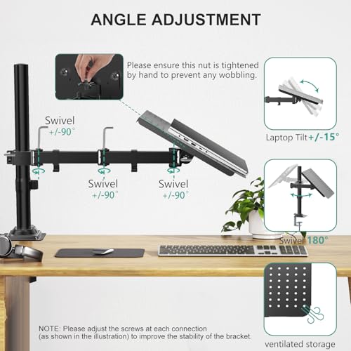 WALI Laptop Desk Mount for 17 inch Notebook, Adjustable Single Monitor Arm with Laptop Holder for 32 inch Screen, Laptops Stand with Ventilated Tray, Up to 22 lbs, (M00LP), Black - size: Single, style: Adjustable Desk Mount
