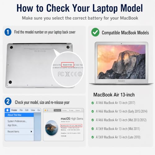 A1405 Replacement Laptop Battery for MacBook Air 13 inch A1466 (Mid 2012 | Mid 2013,Early 2014,Early 2015,2017) A1369(Late 2010,Mid 2011 Version) 8000mAh fits A1496 A1377 (EMC :2925, 2469, 2559, 2392) - size: 11.54*5.39*0.2inch A1466