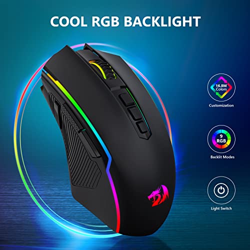 Redragon Gaming Mouse, Wireless Mouse Gaming with 8000 DPI, PC Gaming Mice with Fire Button, RGB Backlit Programmable Ergonomic Mouse Gamer, Rechargeable, 70Hrs for Windows, Mac Gamer, Black - color: Black, style: 2.4G/ Wired