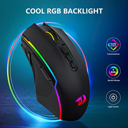 Redragon Gaming Mouse, Wireless Mouse Gaming with 8000 DPI, PC Gaming Mice with Fire Button, RGB Backlit Programmable Ergonomic Mouse Gamer, Rechargeable, 70Hrs for Windows, Mac Gamer, Black - color: Black, style: 2.4G/ Wired