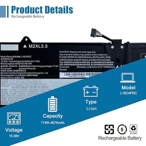 L19C4PDC Laptop Battery 15.36V 71Wh 4675mAh Replacement for Lenovo Ideapad Yoga 7-14ITL5 7-15ITL5 Series Notebook 5B10Z26482 L19L4PDC 5B10Z26485 L19M4PDC 5B10Z26479 - size: 11.22*3.58*0.24 inch L19C4PDC