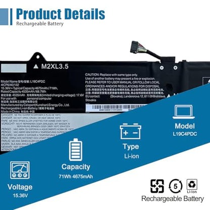 L19C4PDC Laptop Battery 15.36V 71Wh 4675mAh Replacement for Lenovo Ideapad Yoga 7-14ITL5 7-15ITL5 Series Notebook 5B10Z26482 L19L4PDC 5B10Z26485 L19M4PDC 5B10Z26479 - size: 11.22*3.58*0.24 inch L19C4PDC