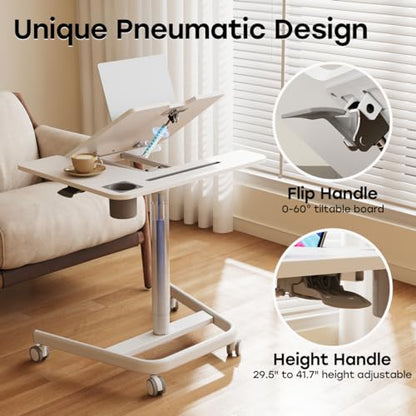 JOY worker Mobile Standing Desk, 60° Tiltable Rolling Laptop Desk, White | Pneumatic Height Adjustable Cart, Portable Sit Stand Desk with Wheels & Cup Holder for Office Home School, Holds Up to 22lbs - color: White
