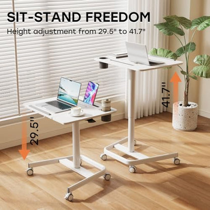 JOY worker Mobile Standing Desk, 60° Tiltable Rolling Laptop Desk, White | Pneumatic Height Adjustable Cart, Portable Sit Stand Desk with Wheels & Cup Holder for Office Home School, Holds Up to 22lbs - color: White