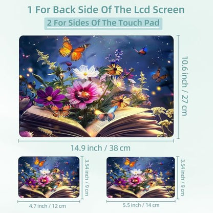 Universal Laptop Skin Decal, 3-Piece Vinyl Protector for 12 13 14 15.6" Notebook, Waterproof Anti-Scratch, Easy Trim & Bubble-Free Finish, Book with Flowers and Butterflies - color: Book with Flowers and Butterflies