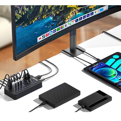 Powered USB Hub, SENTANK 14 Port USB 3.0 Hub Splitter (6 USB 3.0 Data Ports + 4 Fast Charging Ports) with Independent LED On/Off Switch, with 60W Power Adapter for Mac, PC
