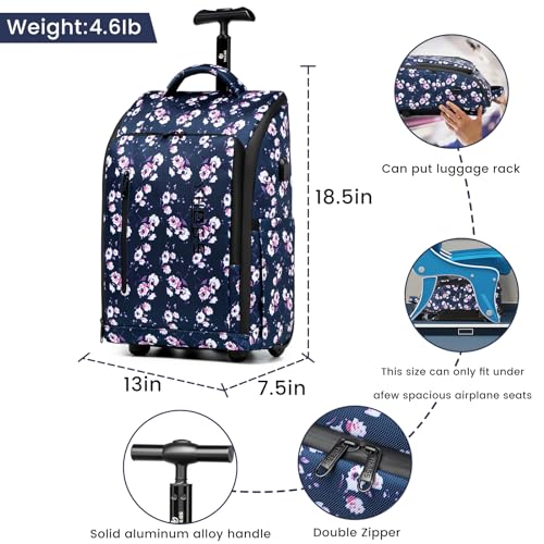 Rolling Backpack Waterproof Commuter Backpack with Wheels for Business, Laptop Compartment for 15.6-Inch Laptop, Wheeled Carry-On Bag for Adults - color: Blue flower