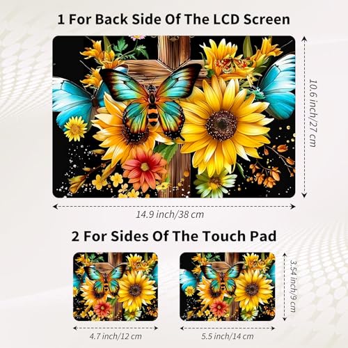 Laptop Skin Sticker 3-Piece Set,Wooden Cross Flowers Sunflower | Trim-to-fit 3-piece vinyl set with one 15 x 10.6 in lid skin and two palm-rest decals for many 12-15.6 in laptops - color: Wooden Cross Flowers Sunflower