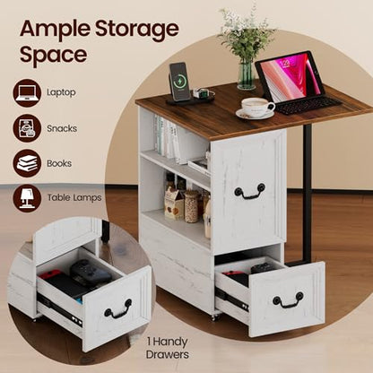 Lareth Rolling Side Table with Wheels, Led Lights & Charging Station | Foldable Desktop Narrow End Table, 1 Drawer, 2 Bookshleves, 27.56"H Tall Nightstan, Small Space, Living Room, Antique White - color: B Antique White