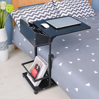 Overbed Table with Wheels Adjustable Height Small, Mobile Laptop Bedside Table, Living Room Sofa Side Table, Mobile Trolley Table for Bedroom, Hospital, Living Room(Black) - color: Black