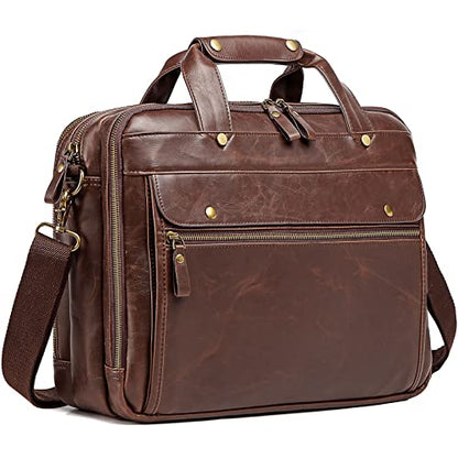 Leather Briefcases for Men 15.6 Inch Laptop Messenger Bag with Triple Compartments Water-Resistant Computer Shoulder Bag for Business, Travel, Work, Office, Brown - color: Brown