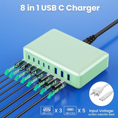 USB C Charger 300W USB C Charger Block GaN IV 8-Port Fast Charging Station Hub,Upgraded PD 100W Laptop Desktop Chargers Adapter for MacBook Pro/Air,DELL,Steam Desk,iPhone 17/16,Samsung Galaxy S25-Mint