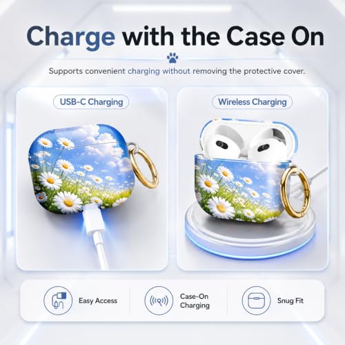Compatible with AirPod 4 Case 2024, Cute Hard Plastic Protective Cover for Airpod 4th Generation Women, Shockproof Shell Skin with Gold Ring Keychain,Daisy Field Sky Clouds Green - color: Daisy Field Sky Clouds Green