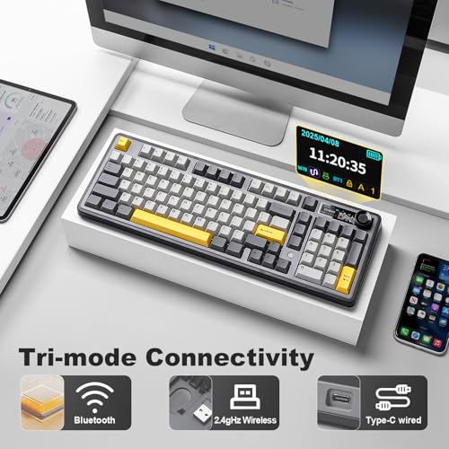 AJAZZ AK980 Wireless Keyboard with Smart Display & Knob,98% Mechanical Keyboard Tri-Mode BT/2.4G/USB-C, Hot Swappable, PBT Keycaps, with RGB Light for Win & Mac(Black,Murad Switch) - color: Black