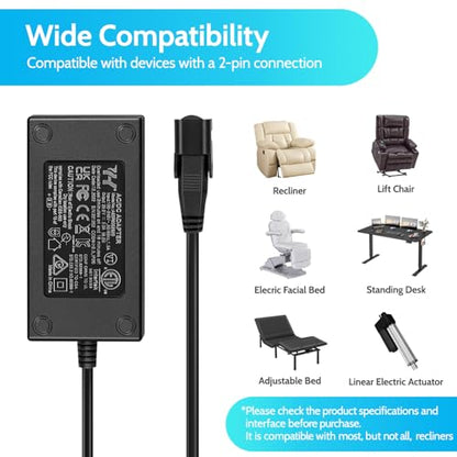 Sopito 29V 2A Recliner Power Supply 2 Pin, AC/DC Adapter 100-240V 50/60hz with Longer Power Cord, Power Supply Transformer Recliner Replacement Parts for Lift Chair/Electric Couch/Standing Desk - size: Power Brick