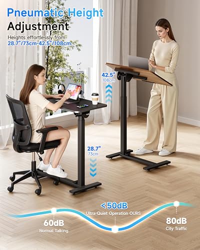 BIZUM Mobile Standing Desk Laptop Desk Pneumatic with Wheels 180° Tilt Top Hospital Bed Table Portable Rolling Cart Foldable Bedside Table for Hospital&Home Use, Walnut - color: Walnut