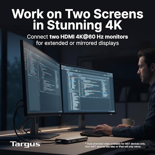 Targus Dual Video Mobile Dock with 140W EPR Power Pass-Through, Dual HDMI 4K@60Hz, USB-C & USB-A 10Gbps, SD/microSD Reader, Gigabit Ethernet, EcoSmart Design DOCK403GL