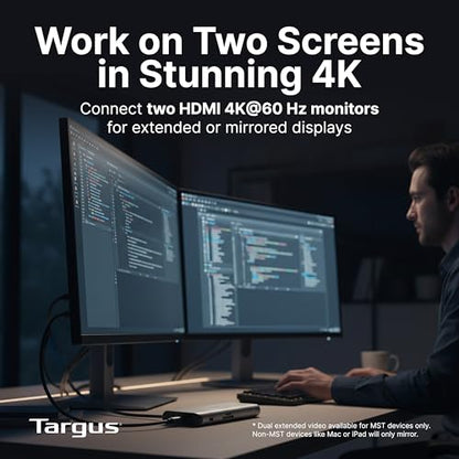 Targus Dual Video Mobile Dock with 140W EPR Power Pass-Through, Dual HDMI 4K@60Hz, USB-C & USB-A 10Gbps, SD/microSD Reader, Gigabit Ethernet, EcoSmart Design DOCK403GL
