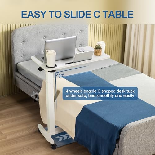 Adjustable Overbed Table with Wheels, Over Bed Tray with Cup Holder | Rolling Medical Adjustable Height Standing Laptop Desk, Portable Hospital Bedside Tables, Pneumatic Computer Cart| White - color: White