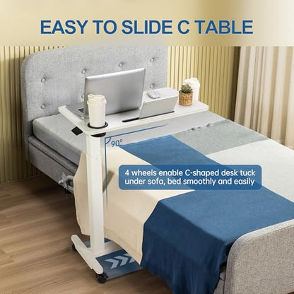 Adjustable Overbed Table with Wheels, Over Bed Tray with Cup Holder | Rolling Medical Adjustable Height Standing Laptop Desk, Portable Hospital Bedside Tables, Pneumatic Computer Cart| White - color: White
