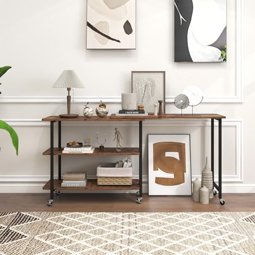 Giantex 360° Free Rotating Sofa Side Table, Mobile L-Shaped Laptop Desk with Sturdy Metal Frame, 6 Universal Casters, Movable Couch Snack Table with 2-Tier Storage Shelf for Home (Rustic Brown) - color: Rustic Brown