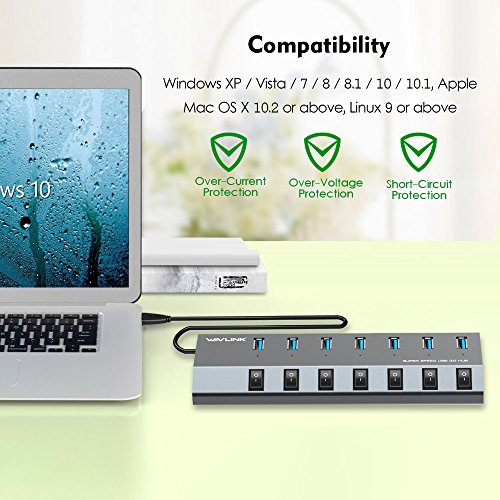 USB Hub 3.0, WAVLINK 7 Port Powered USB 3.0 hub 48W Charging, 5V/2.4A Each Ports with Individual Switches LED Indicator, USB Extension for Laptop, MacBook, iMac, PC, USB Flash Drives