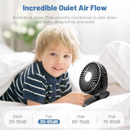 BDXXJ Portable Clip on Fan, 360° Rotate Battery Operated Stroller Fan, 3 Speed Quiet Mini Personal Table Fan, USB Rechargeable Clooing Fan for Outdoor Camping Golf Cart Stroller Home Office Black