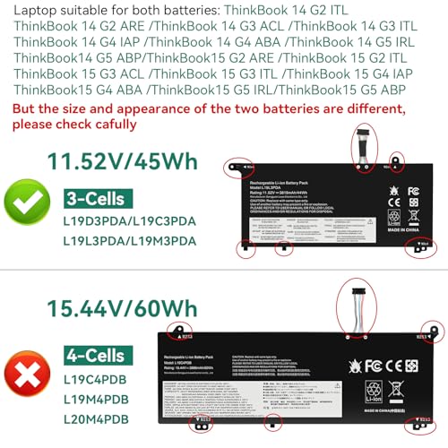 Futurebatt L19C3PDA L19M3PDA Laptop Battery Replacement for Lenovo ThinkBook 14 15 (G2 ITL, G3 ACL, G2 are, G3 ITL, G4 ABA) Series L19L3PDA L19M3PDA L19D3PDA SB10Z21196 SB10Z21203 - size: L19L3PDA 8.78×4.88×1.06 in