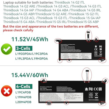 Futurebatt L19C3PDA L19M3PDA Laptop Battery Replacement for Lenovo ThinkBook 14 15 (G2 ITL, G3 ACL, G2 are, G3 ITL, G4 ABA) Series L19L3PDA L19M3PDA L19D3PDA SB10Z21196 SB10Z21203 - size: L19L3PDA 8.78×4.88×1.06 in