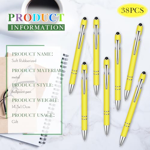Zonon 38 Pieces Rubberized Ballpoint Pen with Stylus Tip Stylish Metal Pen Capacitive Styli with Soft Rubberized Grip, Black Ink for Most Devices(Yellow) - color: Yellow